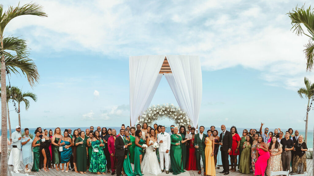 Family celebrating destination wedding in mexico